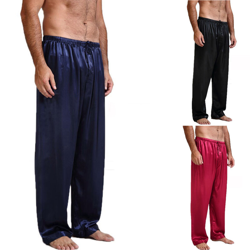 Мужские однотонные дышащие мягкие брюки из искусственного шелка и атласа для сна
