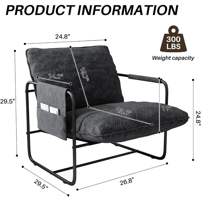 Juego de sillas con marco de Metal para sala de estar, Sillón tapizado con bolsa de almacenamiento extraíble, de fácil montaje, color negro, 2 unidades