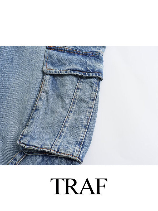 TRAF-جينز نسائي مرتفع الخصر واسع الساق من قماش الدنيم ، سروال طويل للشحن ، أحادي اللون ، غير رسمي ، موضة نسائية ، خريف ، Y2K ، 2023