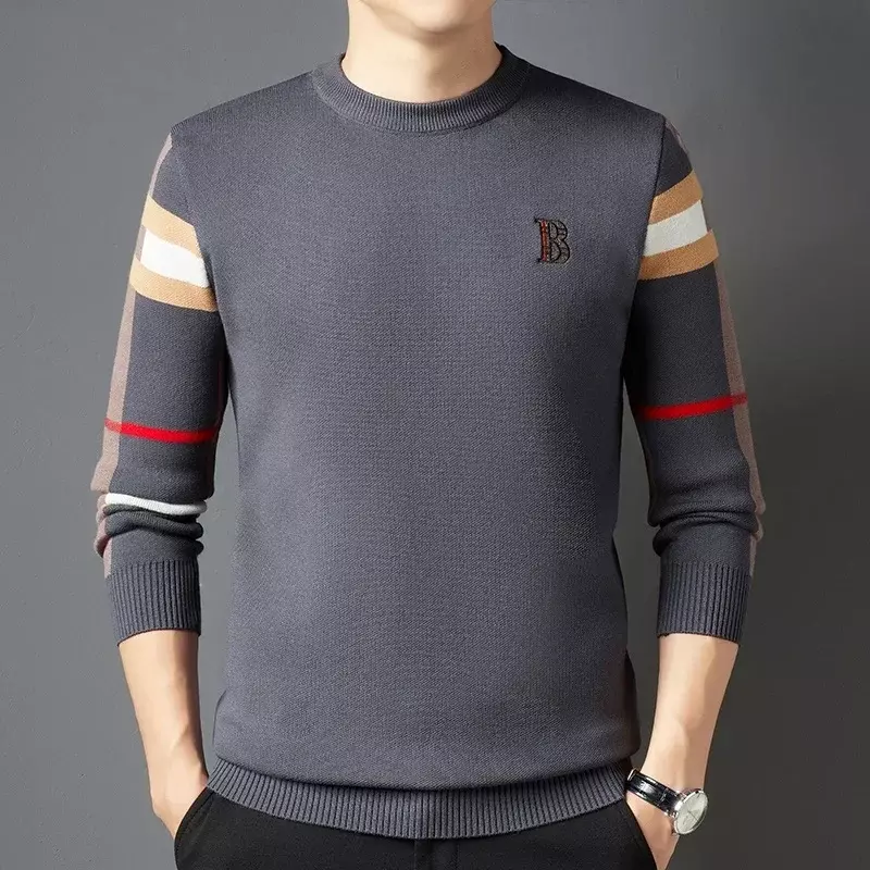 Men's Sweater Knitted Pullover 2024 Autumn/Winter New Soft Warm Striped Checker Round Neck Sweater Casual Fashion Men Clothing