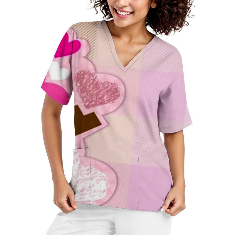 Pielęgniarki damskie z nadrukiem walentynkowym z krótkim rękawem i dekoltem w szpic bluzka kombinezon nadruk w kształcie serca jednolity do pielęgnacji