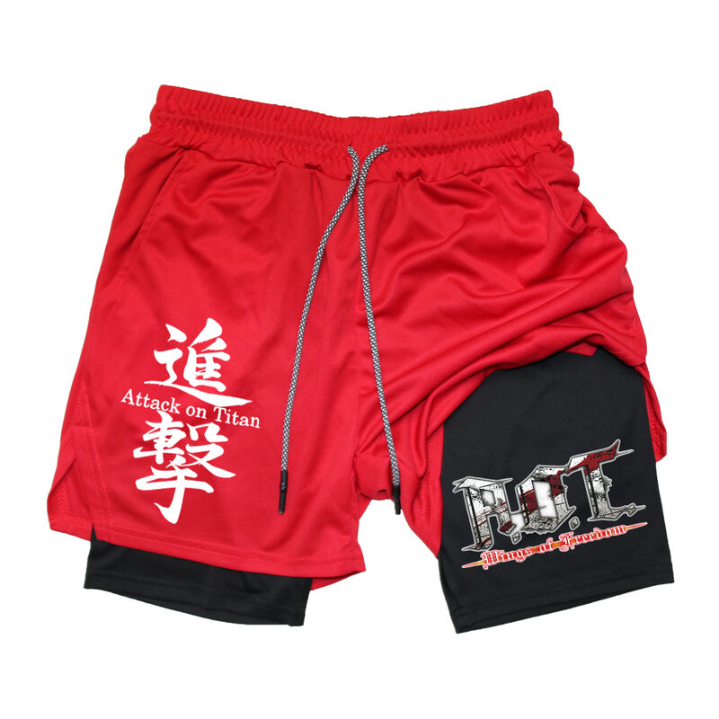 Pantalones cortos de Anime Attack On Titan para hombre, 2 en 1, transpirables, de secado rápido, con múltiples bolsillos, deportivos, para gimnasio y trotar