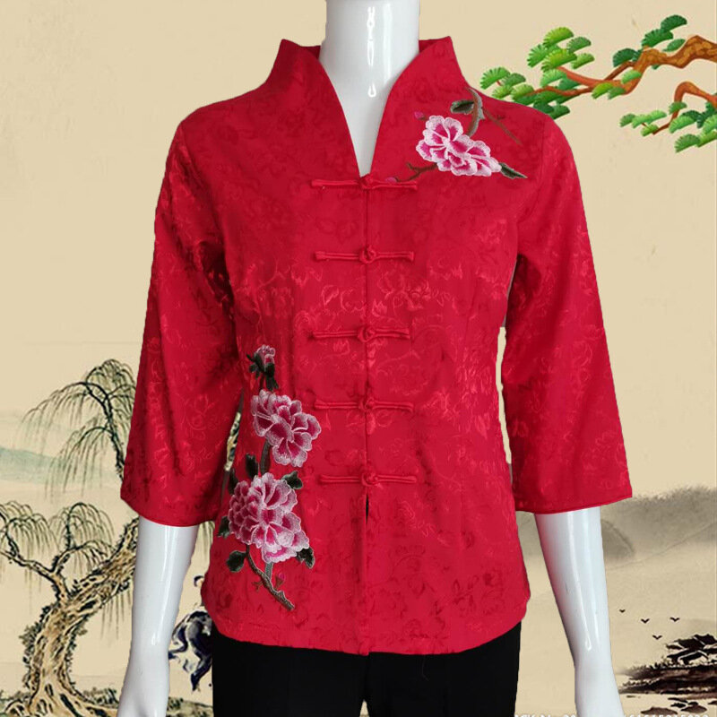 Tradition Stickerei chinesischen Stil Cheong sams Mantel Neujahr Hanfu Qipao Top Frauen Tang Kleidung Blume Vintage Button Down Jacke