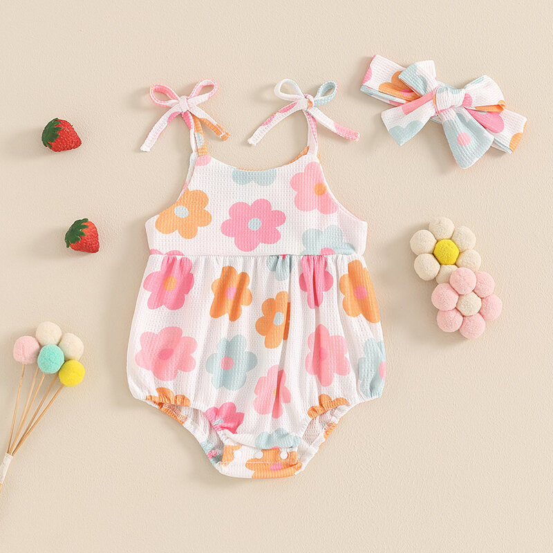 Bodysuit floral e com estampa de morango para recém-nascido, macacão bonito para bebê menina, sem mangas, alça de gravata, verão, 2019, 04-02, 0-18m