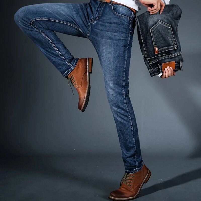 2024 nowe męskie jeansy biznesowe na co dzień z prostym stretchem modne czarne klasyczny niebieski robocze spodnie jeansowe odzież męska marka