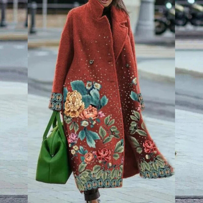 Herfst/Winter 2022 Vrouwen Nieuwe Vintage Esthetische Afdrukken Elegante Revers Losse Mode Straat Runway Hoge Kwaliteit Lange Tweed jas