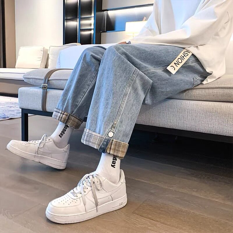 Streetwear vintage calças de brim masculinas solto cor sólida em linha reta jeans verão moda meados da cintura botão denim calças de brim largas-perna calças de brim masculinas