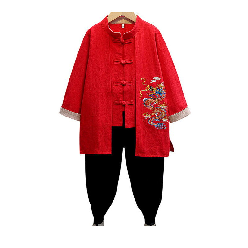 Pakaian tradisional Cina untuk anak-anak laki-laki lengan panjang sulaman naga setelan Tang Tahun Baru Natal musim gugur katun merah