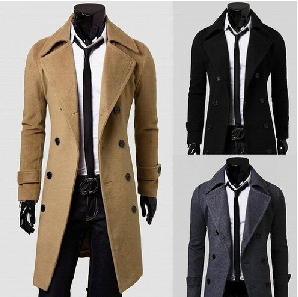 Gabardina larga de doble botonadura para hombre, chaqueta delgada británica gruesa a prueba de viento, longitud media, Color sólido, Otoño e Invierno