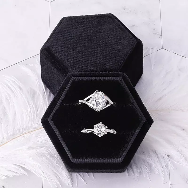 Caja de anillo de franela hexagonal, exhibición de paquete de joyería de puntos coloridos, caja de terciopelo para boda, exhibición de embalaje de joyería de declaración