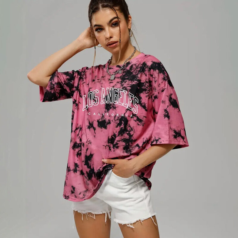 Women's Tie Dyed T-shirt Summer Fashion Short Sleeved Round Neck Loose Top Versatile Comfortable Clothing Party Women's T-shirt