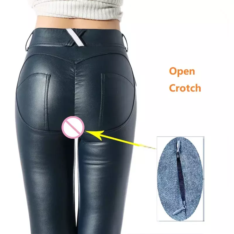 กางเกงหนังสีดำไม่มีเป้าเปิดเซ็กซี่สำหรับผู้หญิงเลกกิ้งกางเกงยาวไร้เป้าสำหรับใส่กลางแจ้งมีซิปสองชั้น