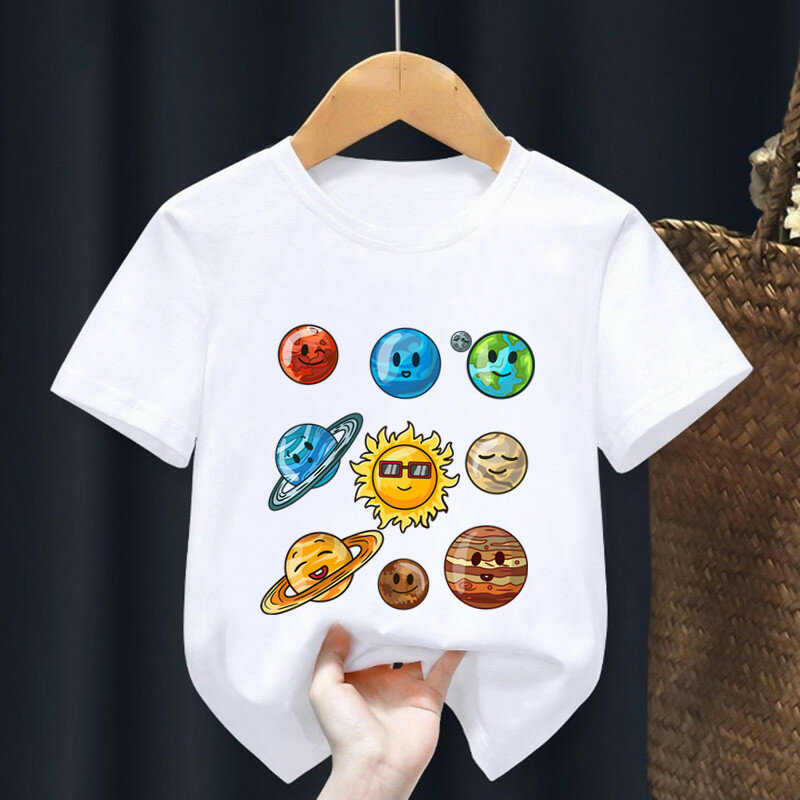 Лидер продаж, Детская футболка с мультяшным принтом планеты Солнечной системы, забавные летние топы для девочек и астронавтов, одежда для маленьких мальчиков, Детская футболка