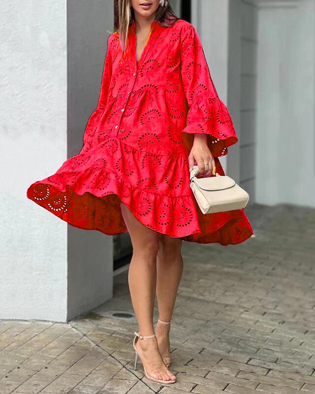 Женское ажурное платье, элегантное винтажное однотонное кружевное платье с V-образным вырезом, свободное пляжное платье-мини с вышивкой, лето-осень