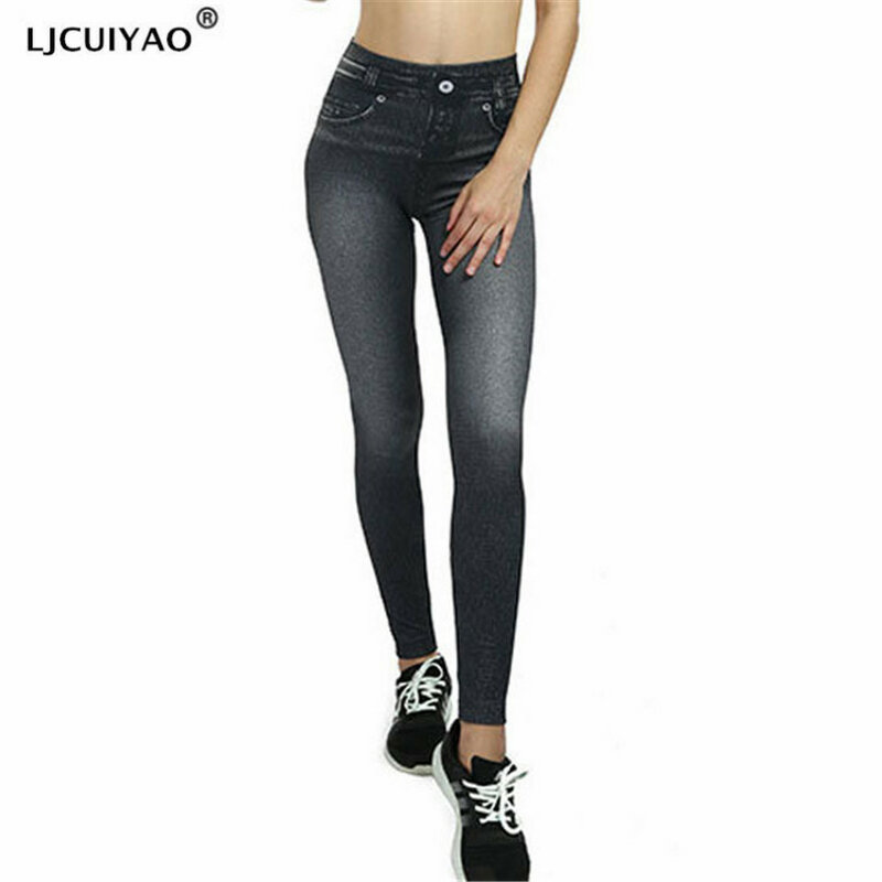 LJCUIYAO kobiety elastyczny sztuczny jeans leginsy wysokiej talii Slim Push Up bez szwu dorywczo joga fitness Running Gym Dropshipping