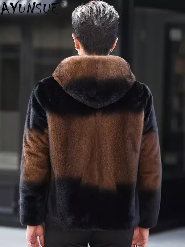 AYUNSUE Real Fur Coat Men Mink Jacket Hooded Winter 2023 Luxury Mink Fur Coats Man Casual Business Fur Jacket Chaqueta Hombre