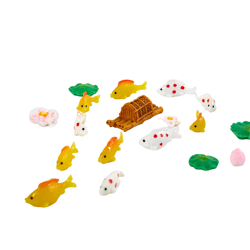 Decorativo Colorido Peixe Lótus DIY Em Miniatura Mini Micro Paisagem Ornamentos de Resina Figurinhas Decoração Para Casa Aquário Folha De Lótus