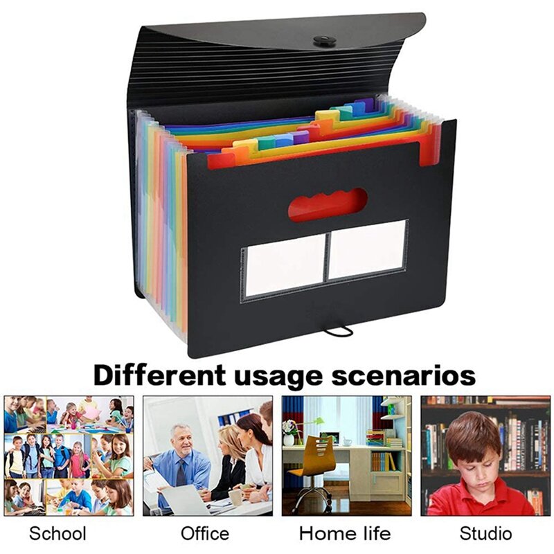 Expansão Pasta de Arquivo com Tabulações Coloridas, Organizador, Caixa de Arquivo, A4 Acordeão Bill, Receipt Folders, 12 Bolsos, 3X