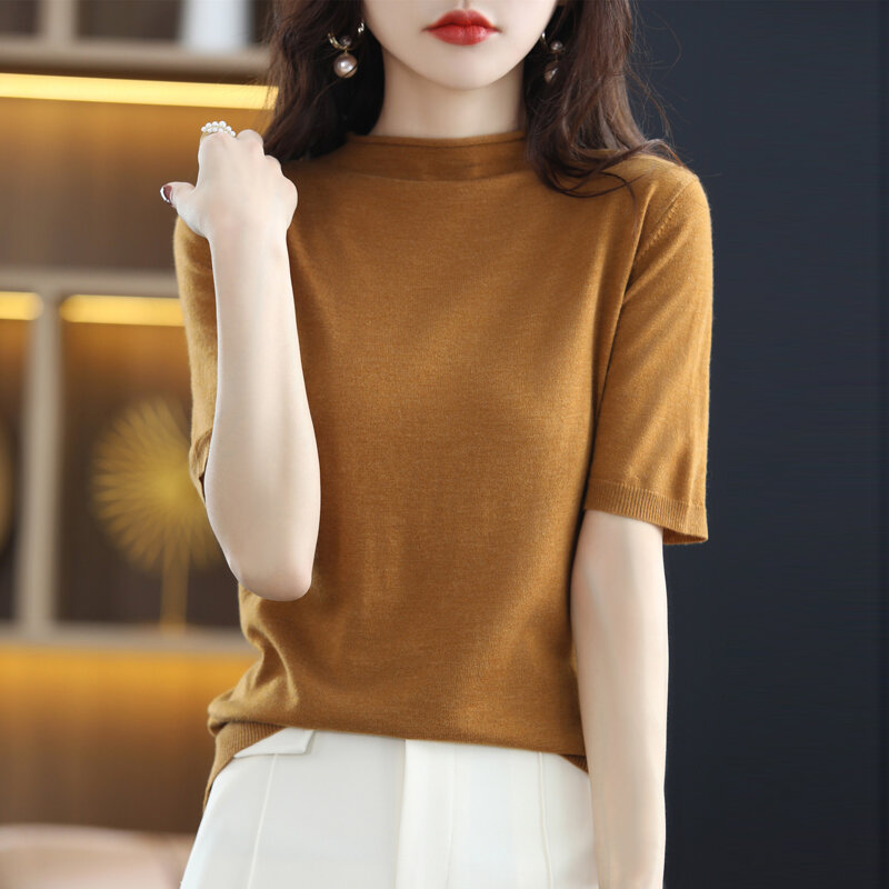 Suéter fino de lana para mujer, jersey con borde enrollado, cuello levantado, manga corta, diseño, Top pequeño 22, versión coreana que combina con todo