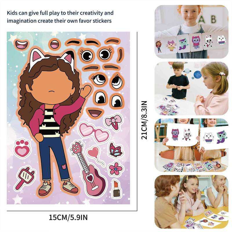 Gabby Races House Make-a-Face Funny Assemble Jigsaw Sticker, Cartoon Puzzle Stickers, Kids dos Toys, DIY, 6/12 Feuilles