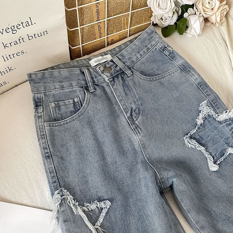 Dames Y 2K Koreaanse Baggy Jeans Patch Ster Patroon Retro Jeans Hoge Taille Distressed Broek Rechte Street Style Damesbroek