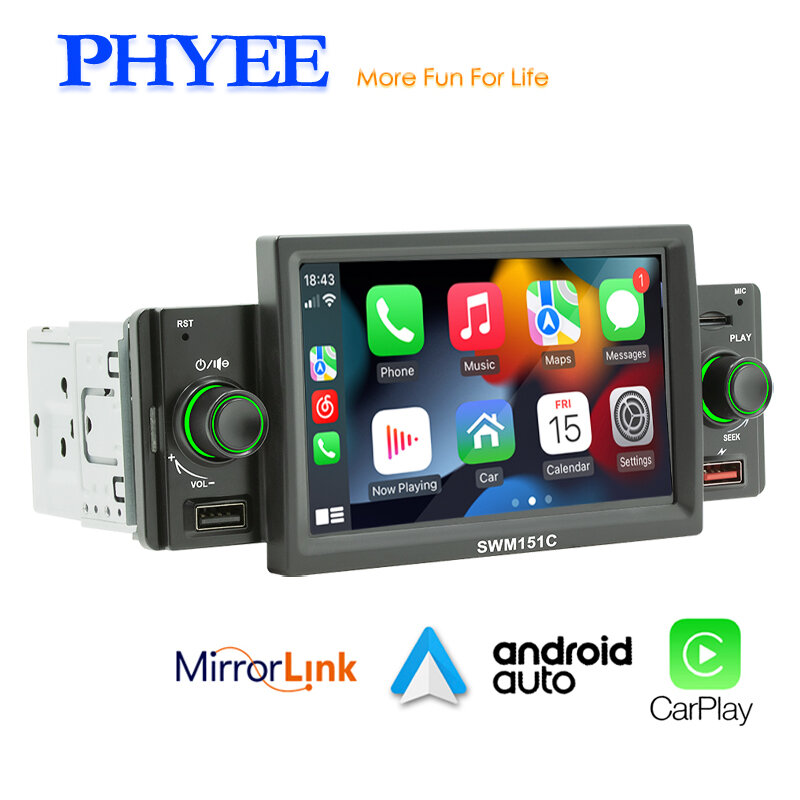 CarPlay Android-Auto 5 Polegadas Jogador MP5, Bluetooth, Mãos Livres, A2DP, USB, Receptor FM, Sistema de Áudio, Unidade Principal, SWM151C, 1 Din