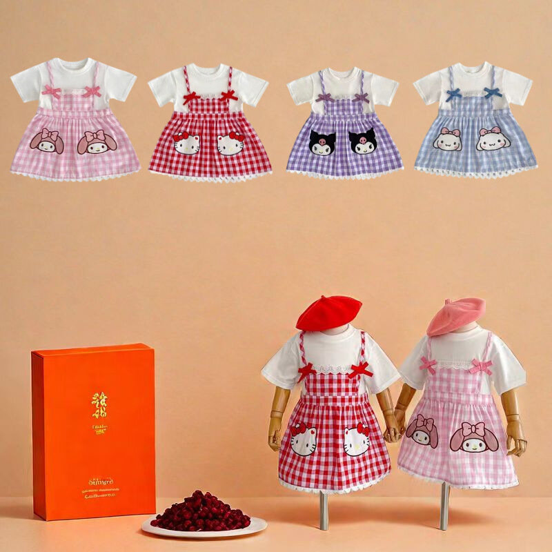 Sanurgente Hello Kitty Cinnamoroll Robes pour enfants, T-shirt mignon My Melody Kuromi, Robe de princesse pour bébé fille, Dos de dessin animé, Manches courtes