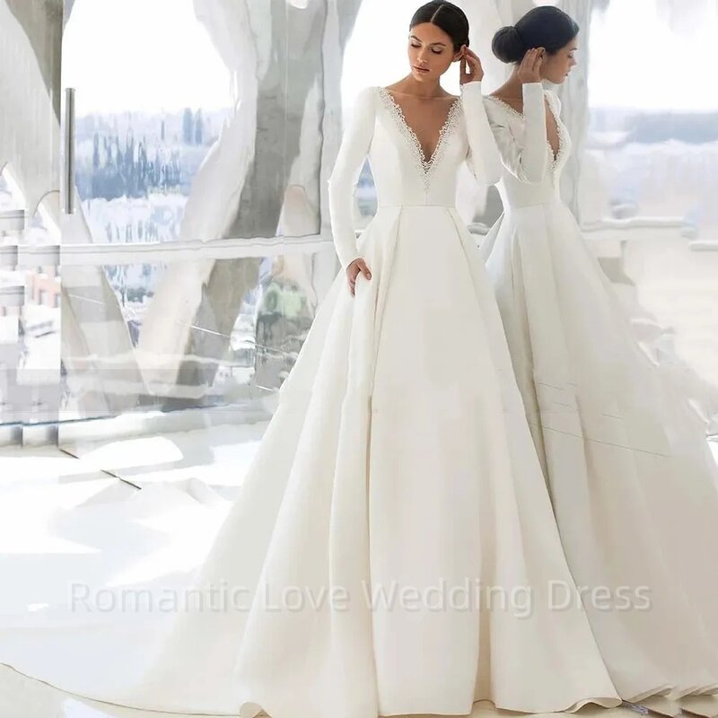 Elegante V Neck cetim vestido de casamento, manga comprida, princesa Noiva Vestidos, miçangas, pérolas, Tribunal Vestidos de casamento Trem