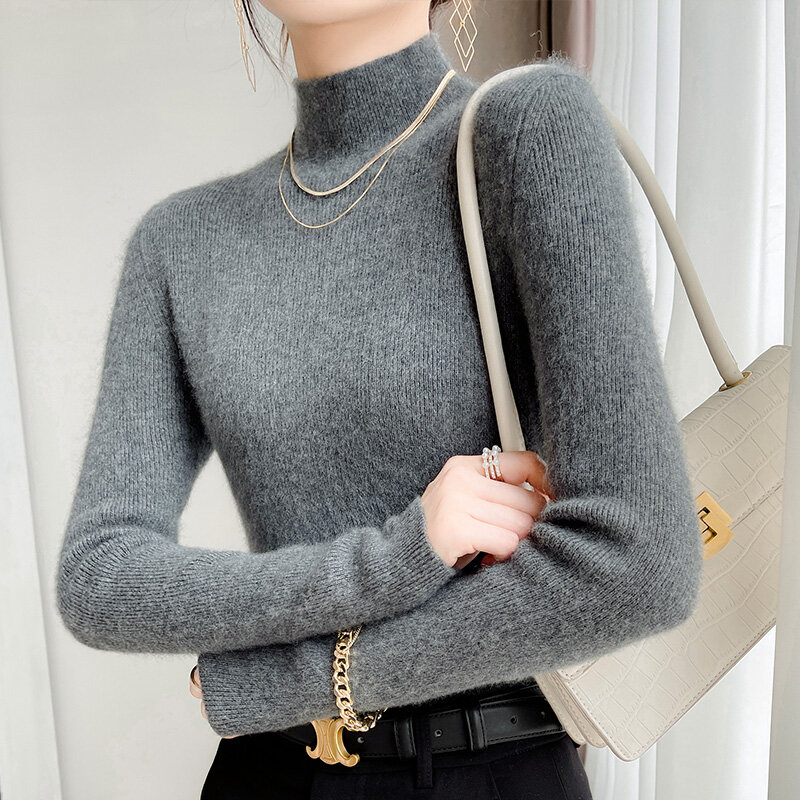 2022 Autumn/winter slim and versatile woolen knit Women's commuter half turtleneck pullover cashmere top in solid color