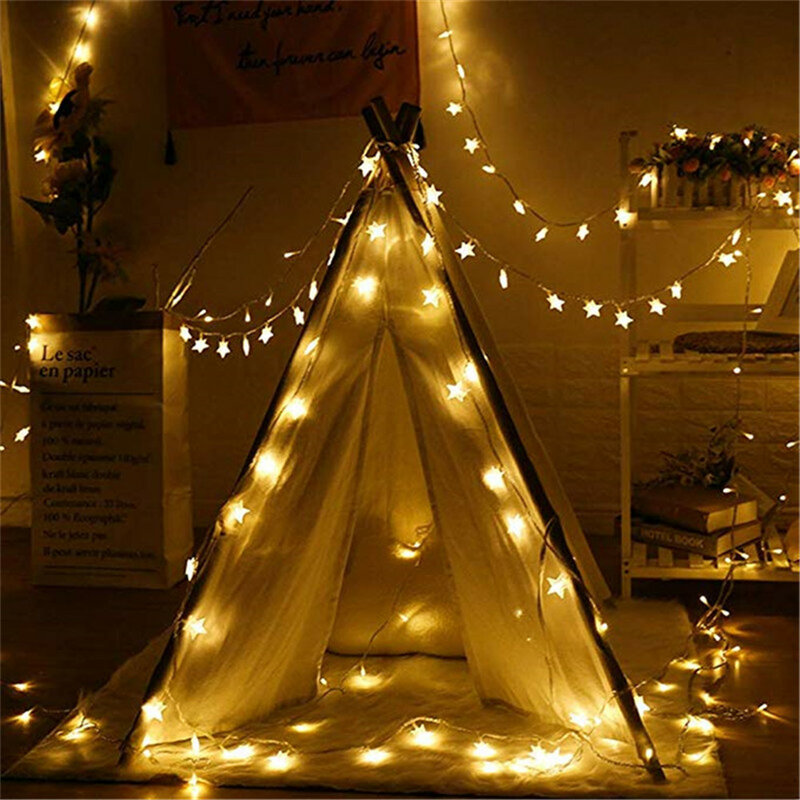 Tali lampu LED bintang 1.5m/3m/6m/10m, lampu tirai pesta pernikahan bertenaga USB baterai karangan bunga Natal untuk rumah