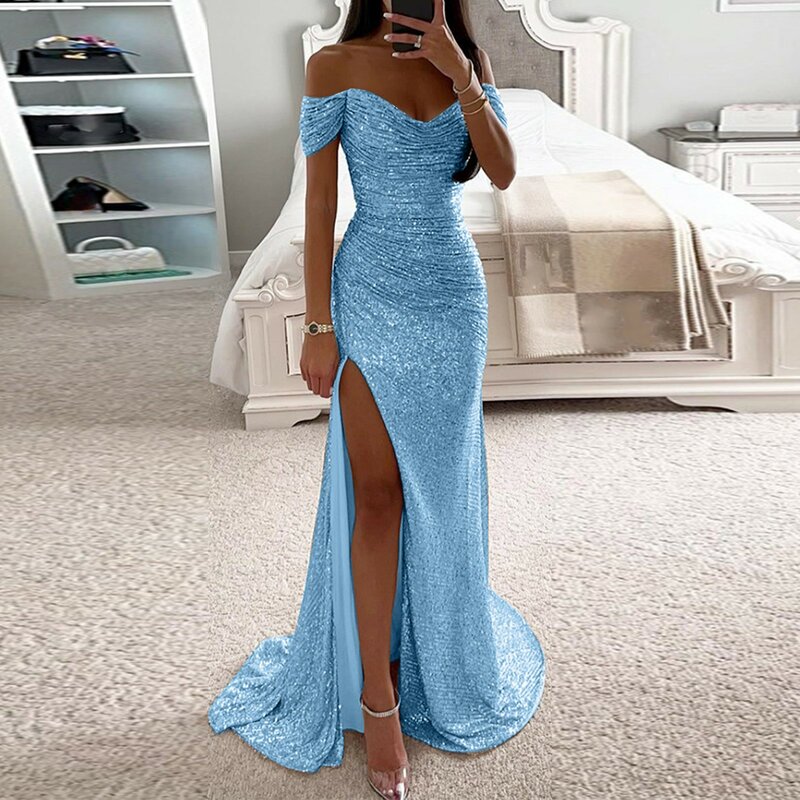 Женское платье-макси с открытыми плечами, синее облегающее платье с блестками и высоким разрезом
