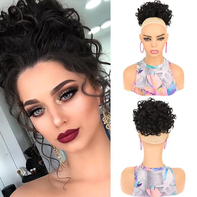Short Messy Bun Afro Puff Kinky Curly Drawstring Ponytail Wig Clip in Hair Bun Chignon Updo Synthetic HairPiece for Women