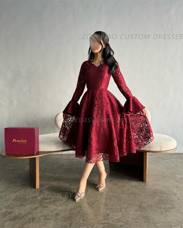 Burgunder Spitze kurz eine Linie Dubai Abendkleider für Frauen Langarm Kleider V-Ausschnitt Tee Länge Blumen elegante formale Vestidos