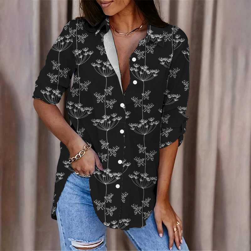 Женская Повседневная рубашка на пуговицах, элегантная и удобная свободная офисная рубашка с длинным рукавом и цветочным принтом, новинка 2024