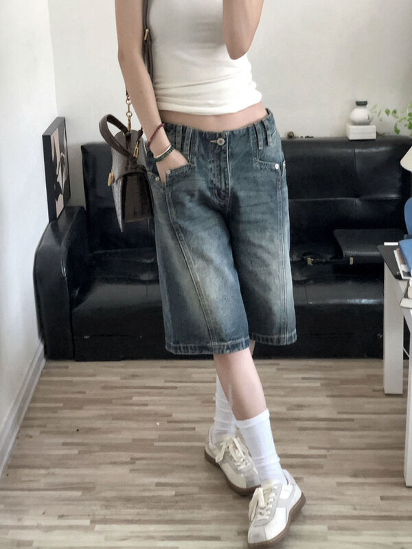 Женские джинсовые шорты QWEEK Y2K, винтажные мешковатые шорты с высокой талией, Корейская уличная одежда, повседневные летние джинсы оверсайз с широкими штанинами