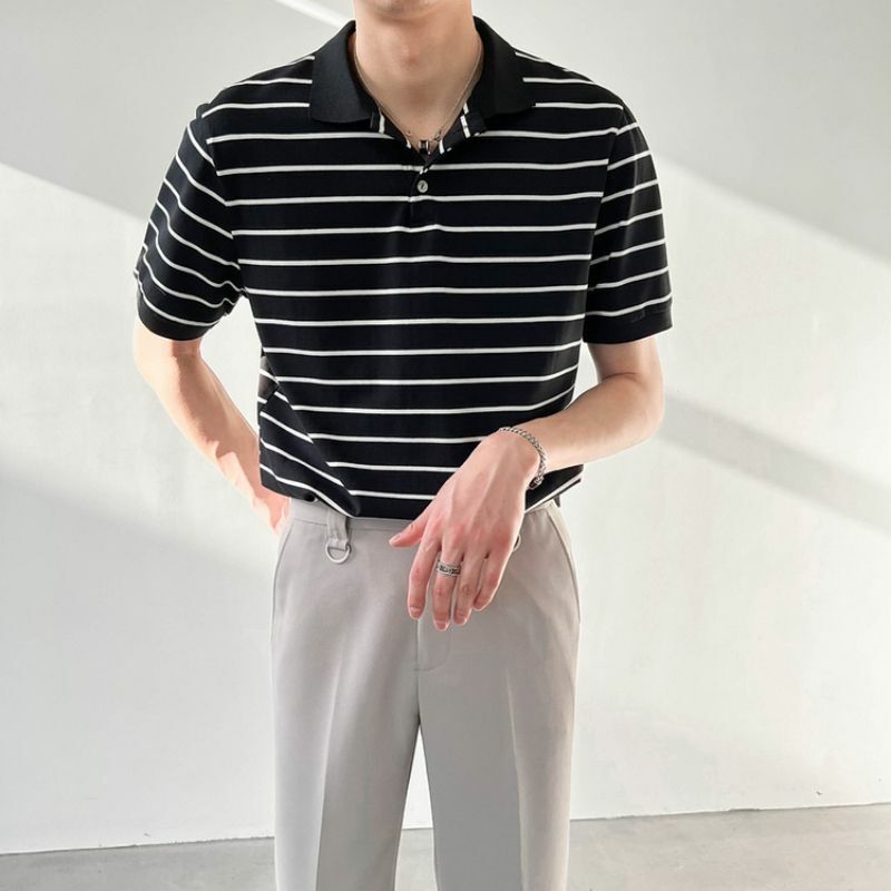 Camisa polo listra preto e branco masculina, camiseta coreana masculina, moda versátil, lapela casual, tops soltos de manga curta, roupa de verão