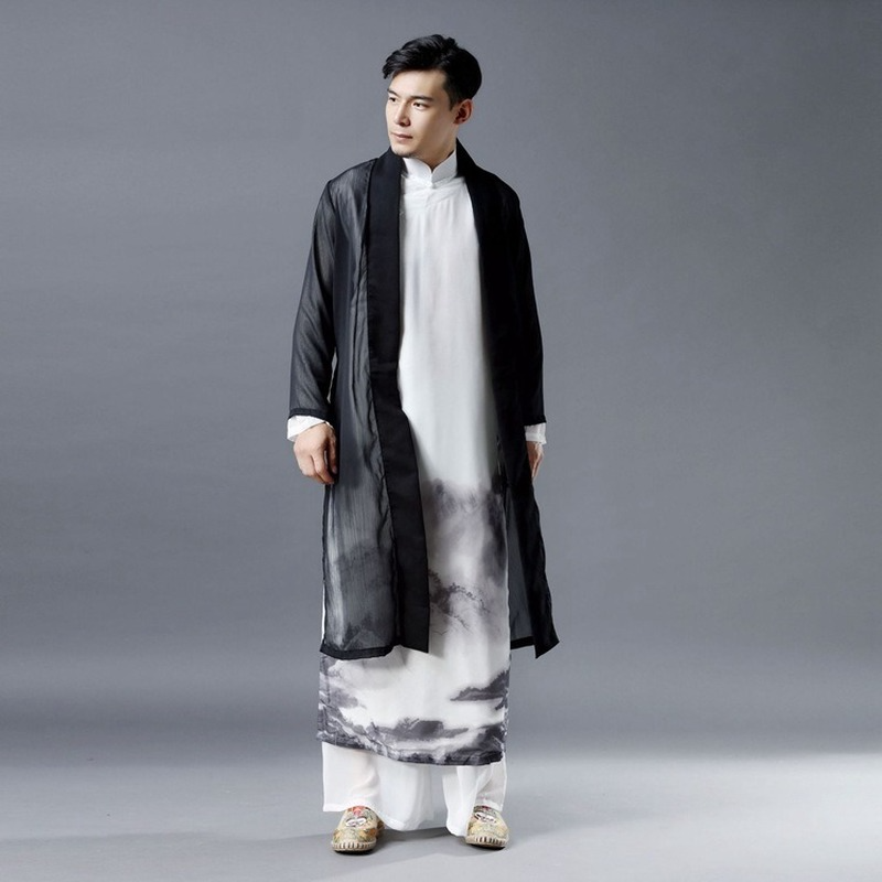 Giacca a vento estiva in stile cinese da uomo sottile lungo abbigliamento per la protezione solare cappotto nero allentato da uomo in stile antico di media lunghezza