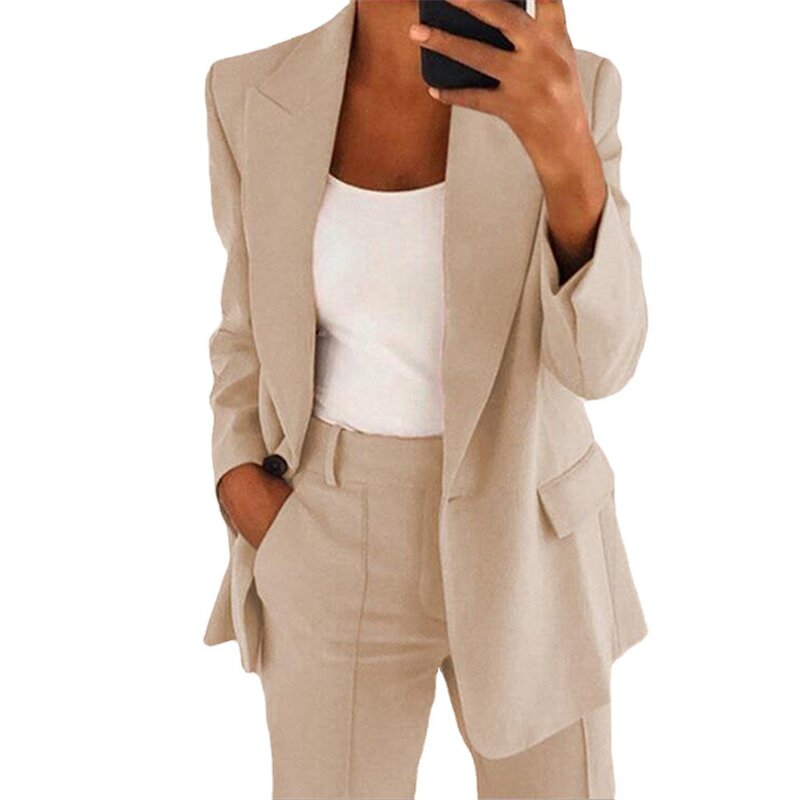 Женский пиджак на пуговицах, демисезонный пиджак с длинным рукавом и карманами, брюки