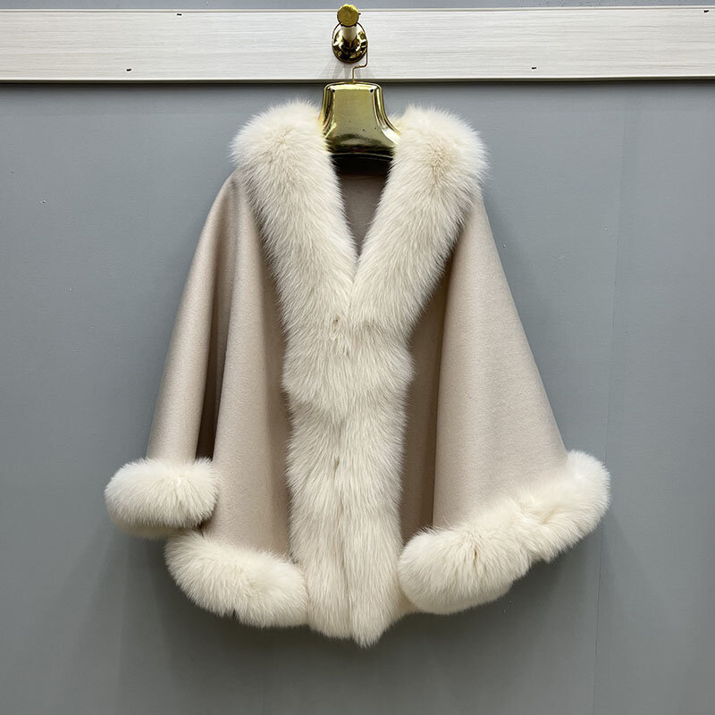 Jaqueta de cardigã quente feminina com gola de pele de raposa real, ponchos, capa, outwear, casacos femininos, 100% lã, outono, inverno, 2023