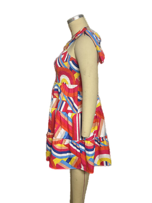 Mini robe élastique pour femmes, grande taille, imprimé, élégant, printemps, été, col sans manches, vente en gros, livraison directe