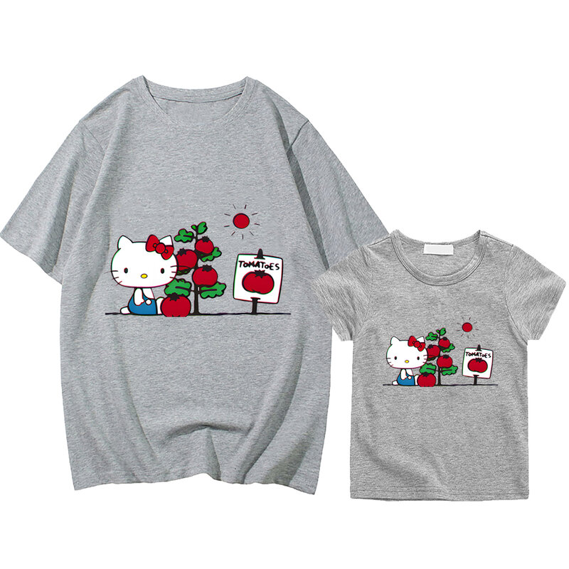 Camiseta con estampado de hello kitty para niños y niñas, ropa a juego para mamá e hija, 100% algodón, Tops cortos de Anime, regalo para niños y2k
