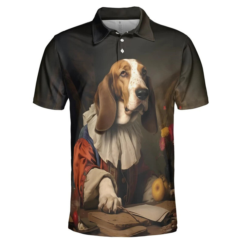 Polo poodle estampado em 3D masculino, camisa lapela, manga curta, animal engraçado, moda casual, alta qualidade, verão, fofo