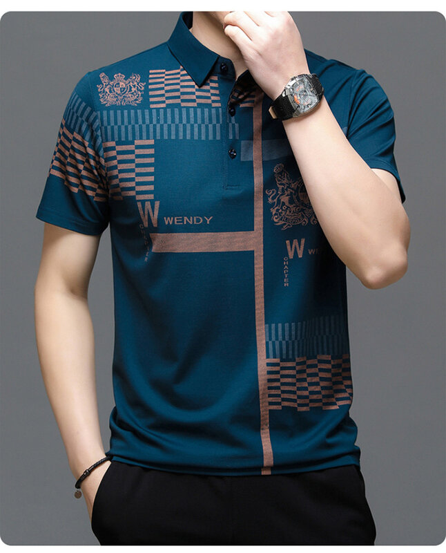2024 Summer New Men's Middle and Youth Polo Collar Print Breathable Fashion Trend Short sleeved T-shirt POLO