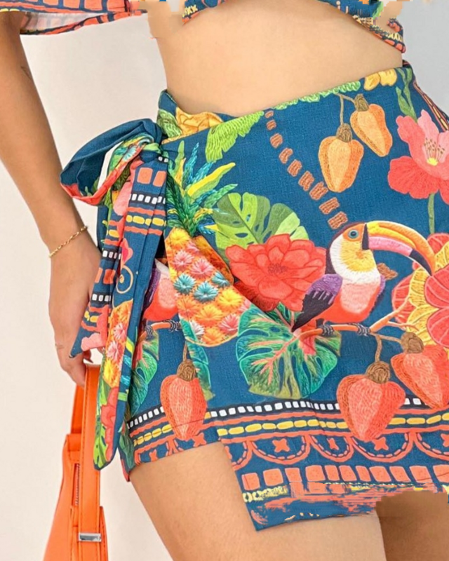 Women's Vacation Suits 2024 Spring/summer Latest Round Neck Half Sleeve Tropical Letter Tied Detail Print Crop Top&skirt Set