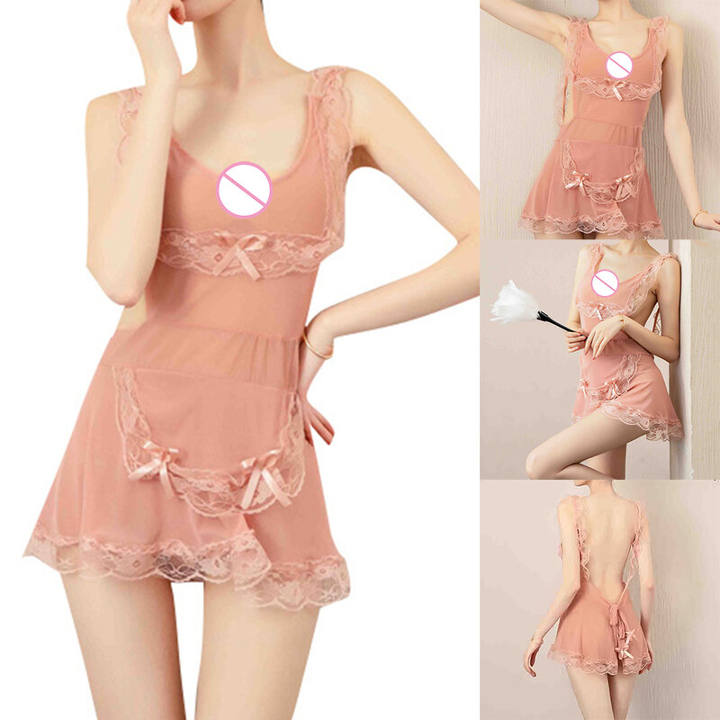 Sexy Women Nightdress Cute Pink Maid Outfit Lace Sheer Backless Nightwear Suspender Mini Dress Seduction Erotic Lingerie