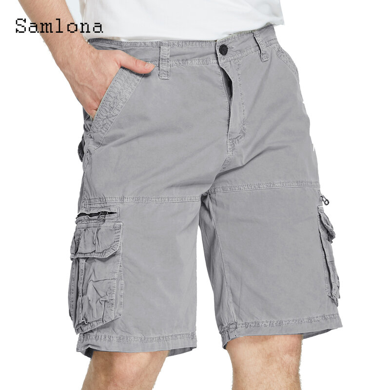 Samlona-Short cargo grande taille pour homme, pantalon court à boutons avec poches, décontracté, demi-pantalon de rue, vêtements pour homme, nouveau, été, 2023