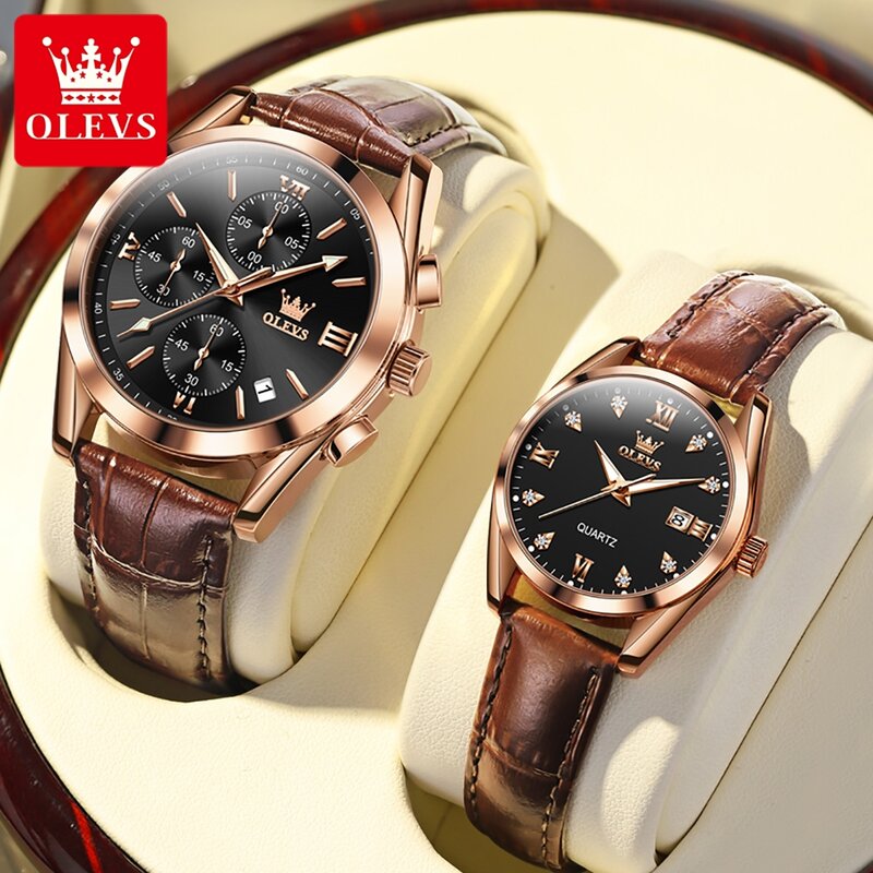 OLEVS Top Brand Luxury Couple Watch For Women Men Waterproof Clock Male Calendar Quartz Watches Leather Strap Ladies & Man Watch