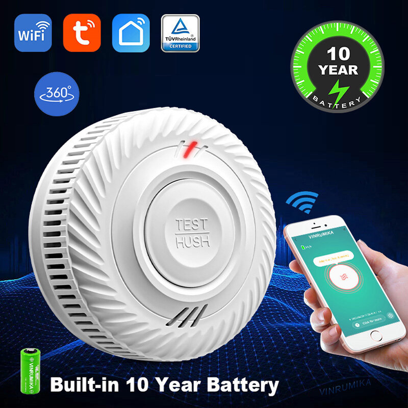 Detector de fumaça com função Wi-Fi, Sensor de alarme de som de incêndio, Tuya Smart Home Parlor, Cozinha, 10 Year Battery, Built-in