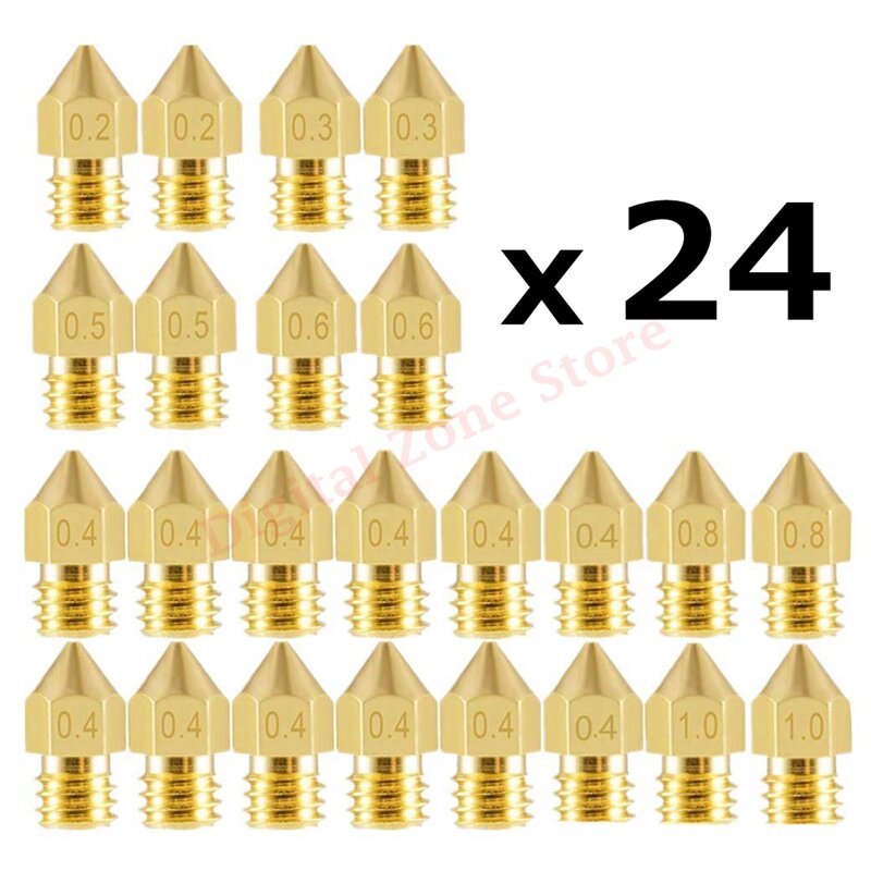 Boquillas extrusoras MK8, cabezal Hotend (0,2, 0,3, 0,4, 0,5, 0,6, 0,8, 1,0, 3/3) mm, rosca M6 para Creality Ender Pro/3 V2, Ender 5, 24 unidades