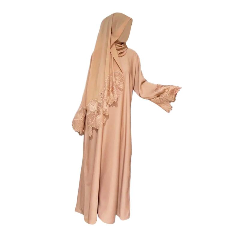 Jubah Muslim elegan dengan jilbab, baju Abaya wanita Kaftan gamis dengan Hijab untuk Festival doa luar ruangan wanita